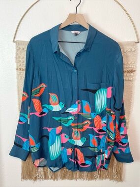 The Kit Colorful Bir Button Down Long Sleeve Blouse Size L
